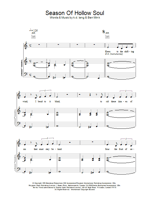 Download K.D. Lang Season of Hollow Soul Sheet Music and learn how to play Piano, Vocal & Guitar (Right-Hand Melody) PDF digital score in minutes