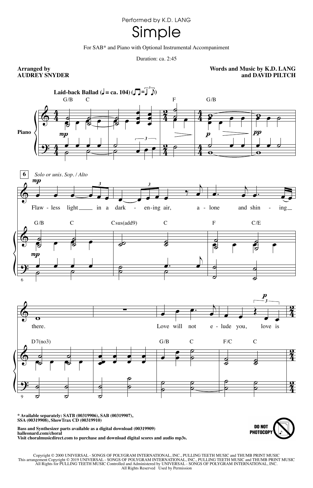 Download k.d. lang Simple (arr. Audrey Snyder) Sheet Music and learn how to play SSA Choir PDF digital score in minutes