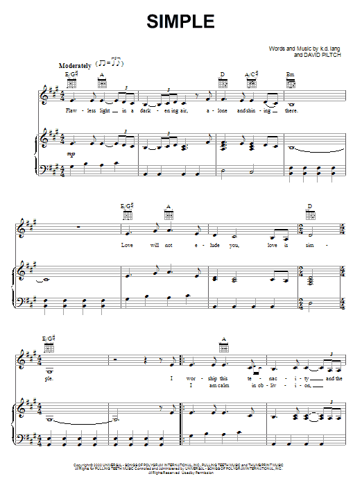 Download k.d. lang Simple Sheet Music and learn how to play Piano, Vocal & Guitar (Right-Hand Melody) PDF digital score in minutes