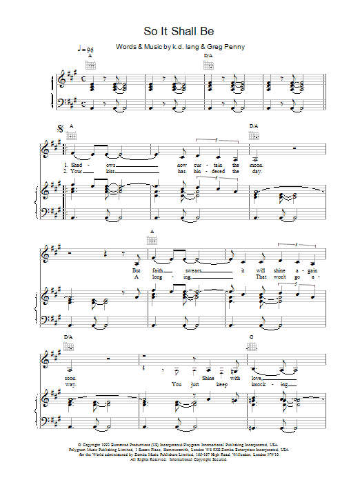 Download K.D. Lang So It Shall Be Sheet Music and learn how to play Piano, Vocal & Guitar (Right-Hand Melody) PDF digital score in minutes