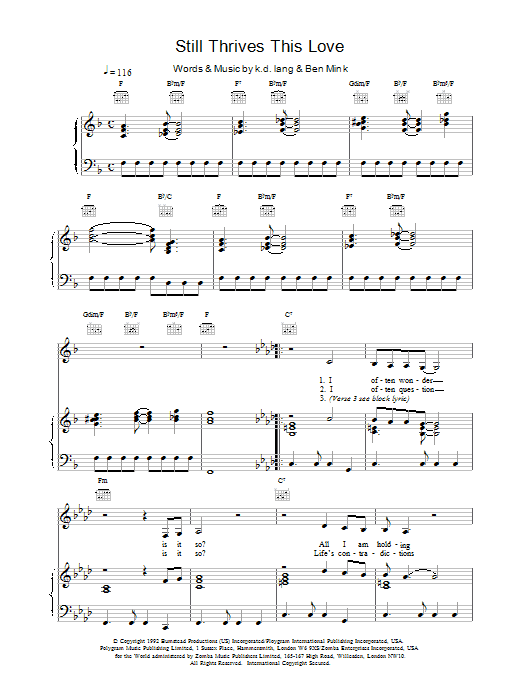 Download K.D. Lang Still Thrives This Love Sheet Music and learn how to play Piano, Vocal & Guitar (Right-Hand Melody) PDF digital score in minutes
