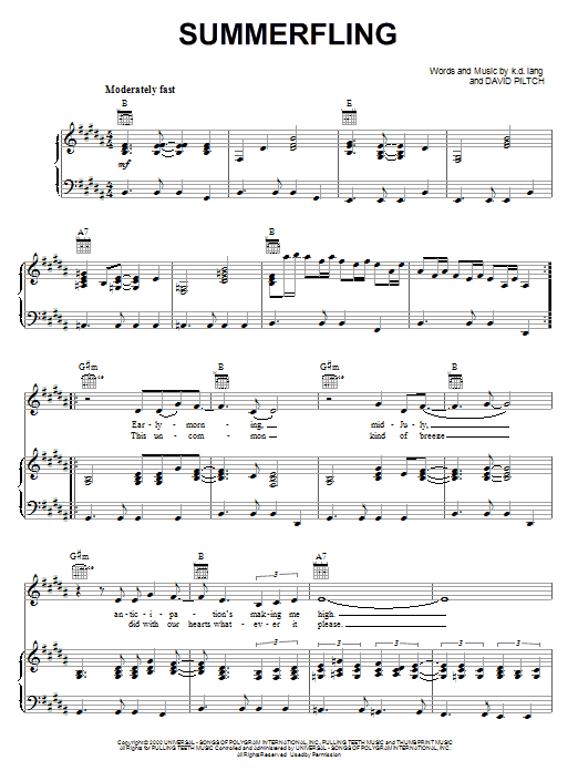 Download k.d. lang Summerfling Sheet Music and learn how to play Piano, Vocal & Guitar (Right-Hand Melody) PDF digital score in minutes