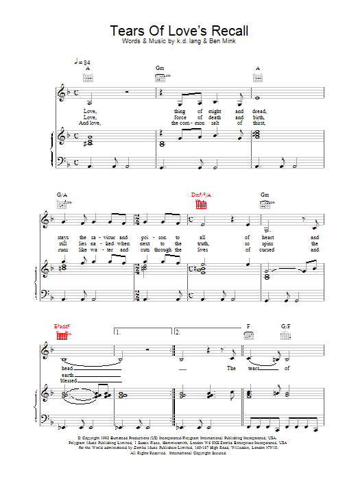 Download K.D. Lang Tears of Love's Recall Sheet Music and learn how to play Piano, Vocal & Guitar (Right-Hand Melody) PDF digital score in minutes