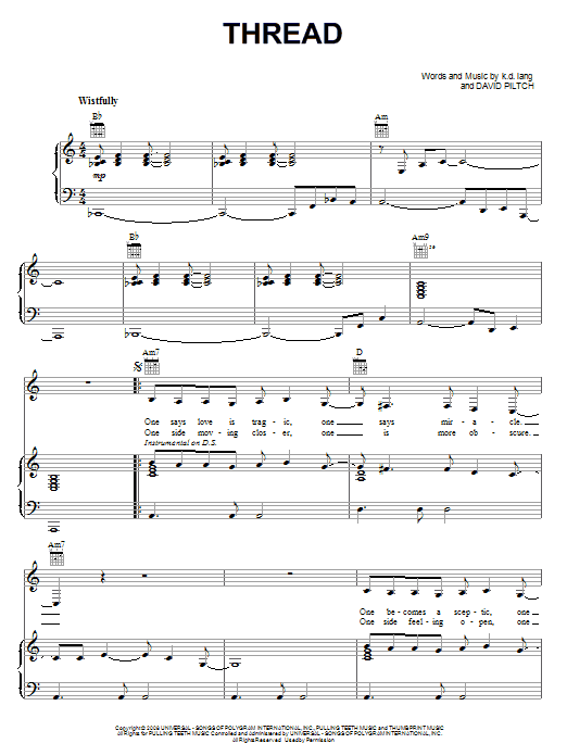 Download k.d. lang Thread Sheet Music and learn how to play Piano, Vocal & Guitar (Right-Hand Melody) PDF digital score in minutes