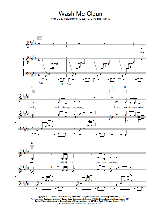 Download K.D. Lang Wash Me Clean Sheet Music and learn how to play Piano, Vocal & Guitar (Right-Hand Melody) PDF digital score in minutes