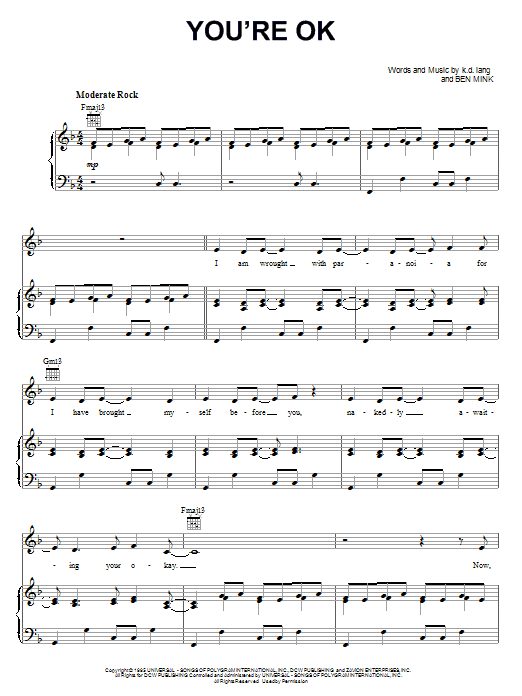 Download k.d. lang You're OK Sheet Music and learn how to play Piano, Vocal & Guitar (Right-Hand Melody) PDF digital score in minutes