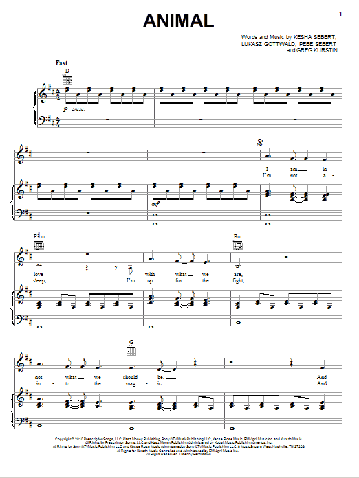 Download Kesha Animal Sheet Music and learn how to play Piano, Vocal & Guitar (Right-Hand Melody) PDF digital score in minutes