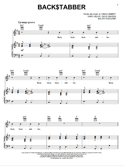 Download Kesha Back$tabber Sheet Music and learn how to play Piano, Vocal & Guitar (Right-Hand Melody) PDF digital score in minutes