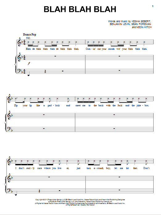 Download Kesha Blah Blah Blah Sheet Music and learn how to play Piano, Vocal & Guitar (Right-Hand Melody) PDF digital score in minutes