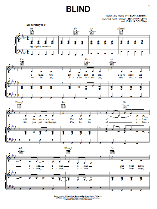 Download Kesha Blind Sheet Music and learn how to play Piano, Vocal & Guitar (Right-Hand Melody) PDF digital score in minutes