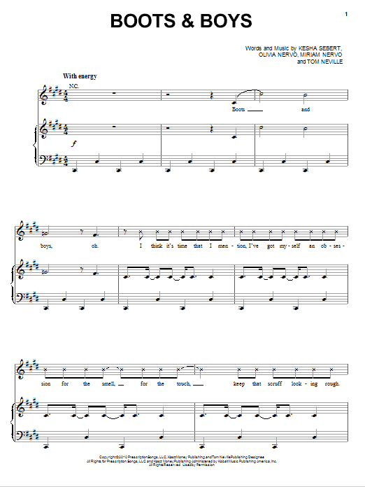 Download Kesha Boots & Boys Sheet Music and learn how to play Piano, Vocal & Guitar (Right-Hand Melody) PDF digital score in minutes