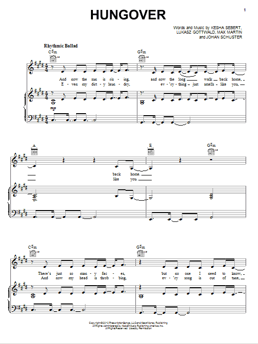 Download Kesha Hungover Sheet Music and learn how to play Piano, Vocal & Guitar (Right-Hand Melody) PDF digital score in minutes