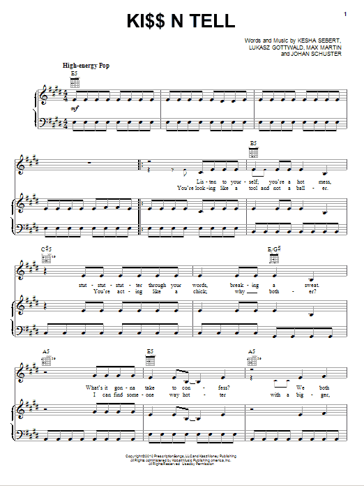 Download Kesha Ki$$ N Tell Sheet Music and learn how to play Piano, Vocal & Guitar (Right-Hand Melody) PDF digital score in minutes