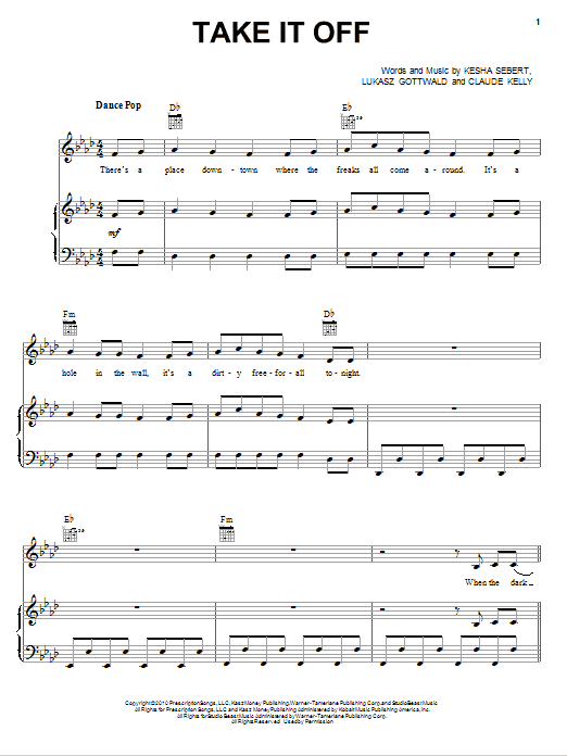 Download Kesha Take It Off Sheet Music and learn how to play Piano, Vocal & Guitar (Right-Hand Melody) PDF digital score in minutes