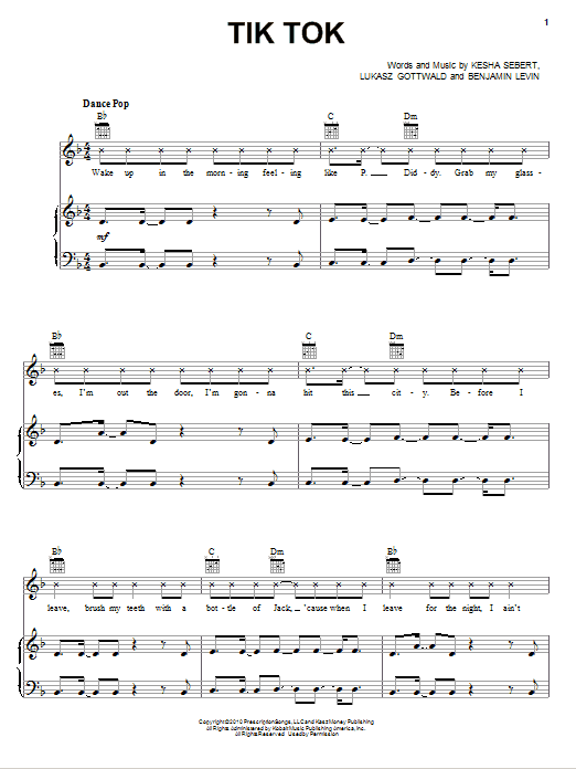 Download Ke$ha Tik Tok Sheet Music and learn how to play Piano, Vocal & Guitar (Right-Hand Melody) PDF digital score in minutes