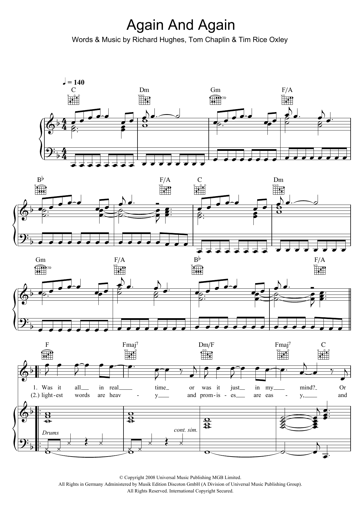 Download Keane Again And Again Sheet Music and learn how to play Piano, Vocal & Guitar PDF digital score in minutes