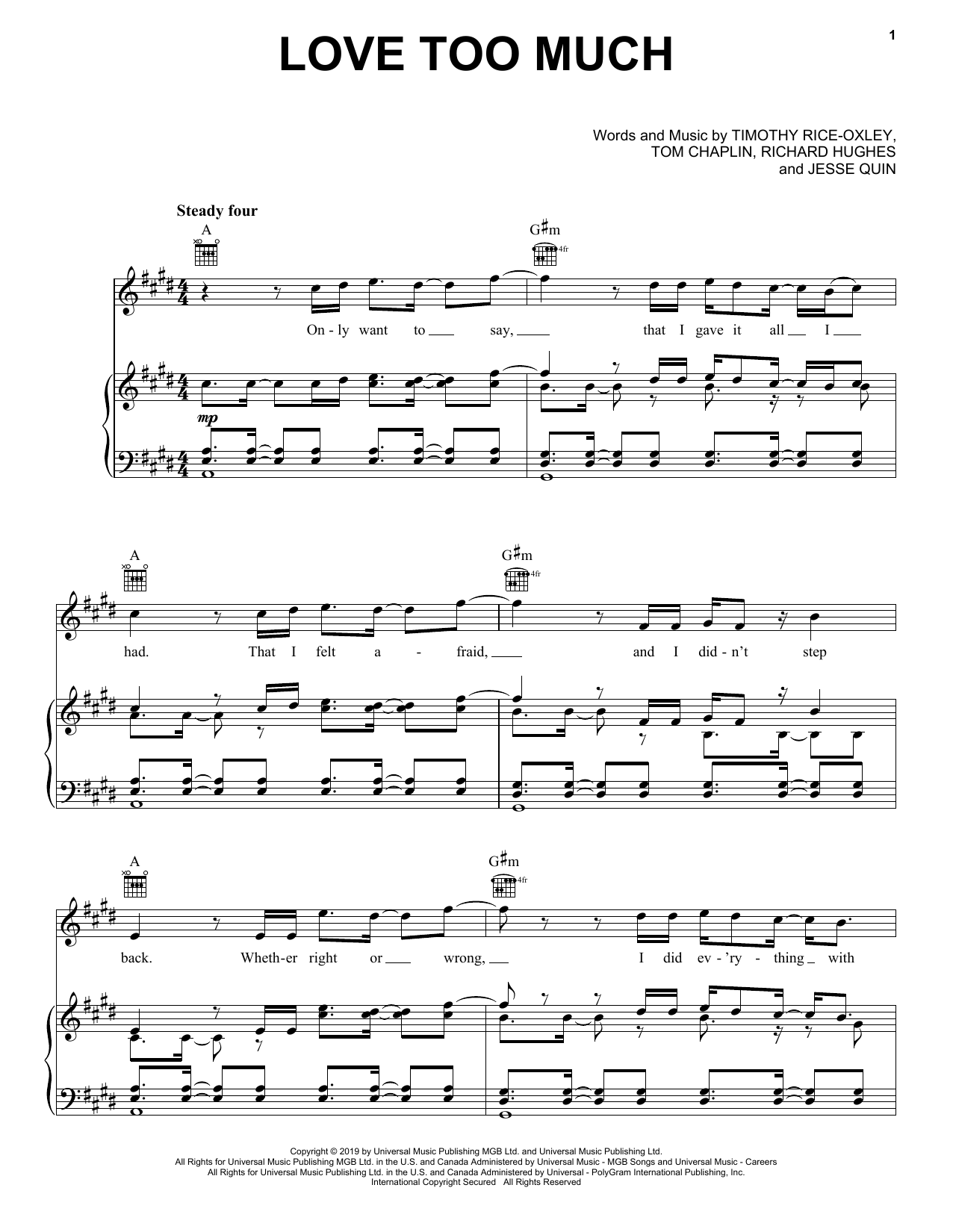 Download Keane Love Too Much Sheet Music and learn how to play Piano, Vocal & Guitar Chords (Right-Hand Melody) PDF digital score in minutes
