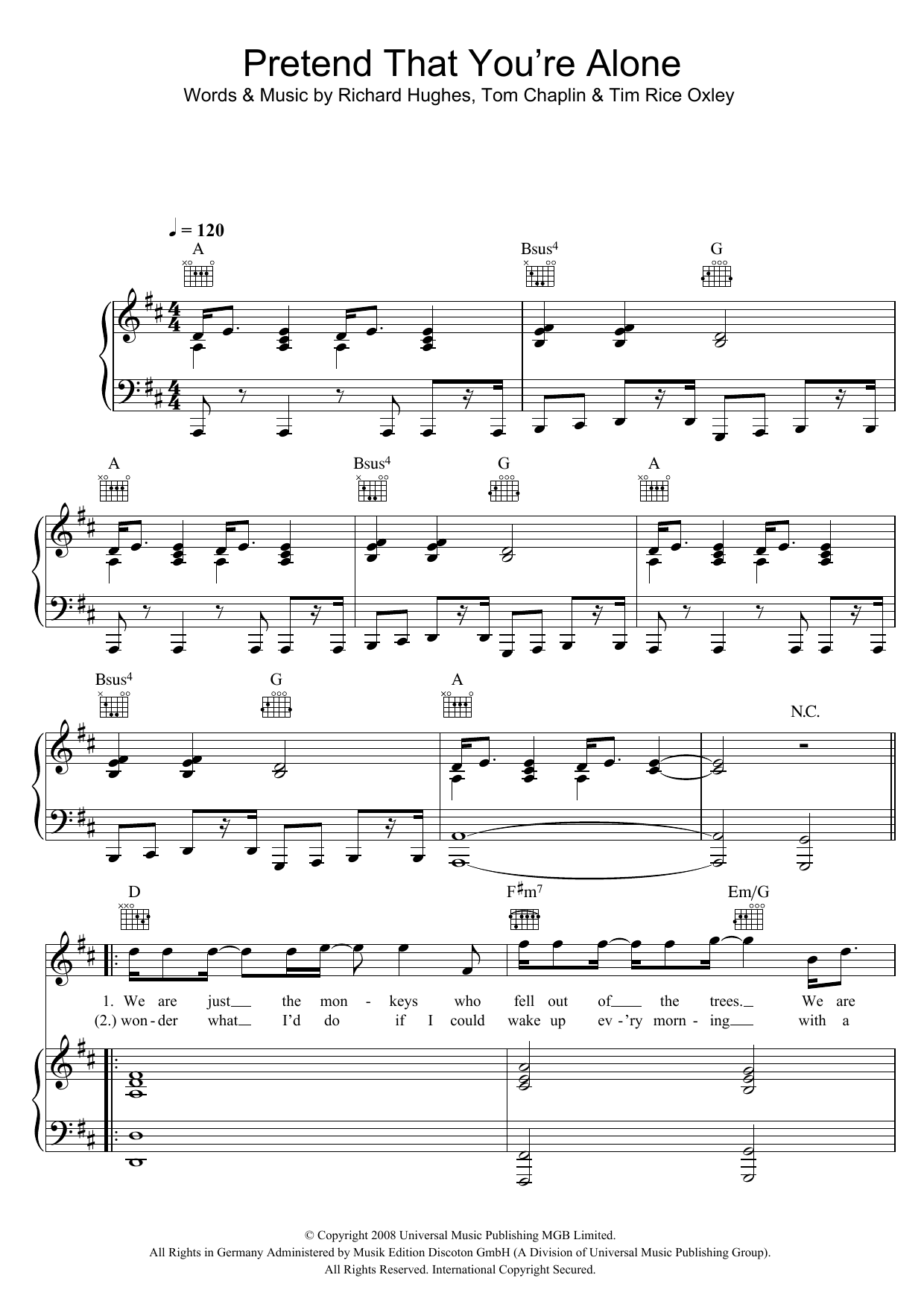 Download Keane Pretend That You're Alone Sheet Music and learn how to play Piano, Vocal & Guitar PDF digital score in minutes