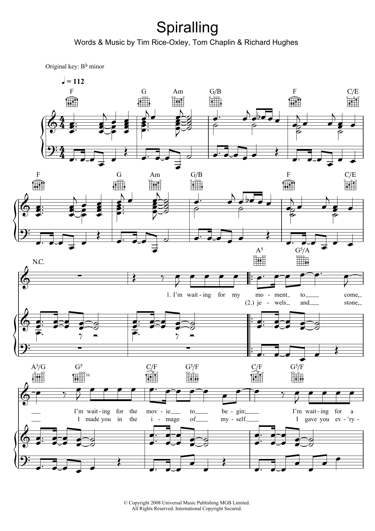 Download Keane Spiralling Sheet Music and learn how to play Piano, Vocal & Guitar PDF digital score in minutes