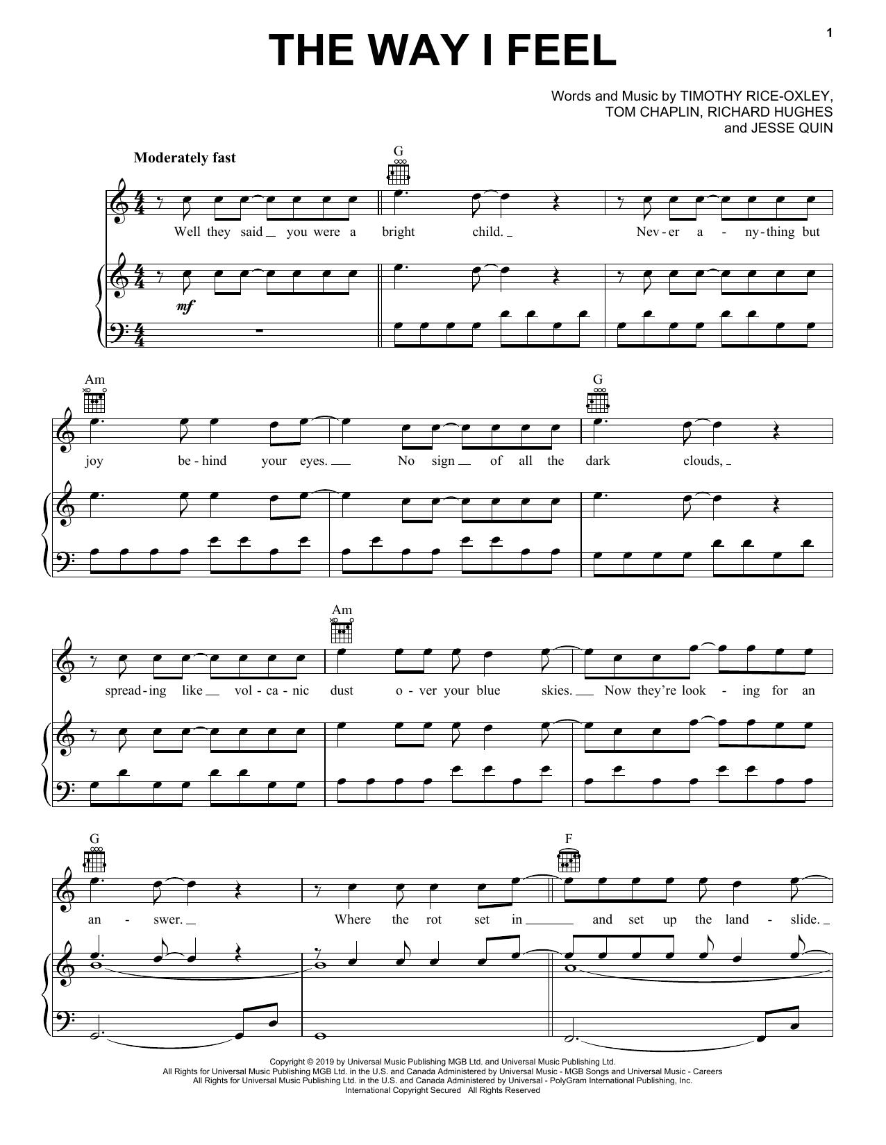 Download Keane The Way I Feel Sheet Music and learn how to play Piano, Vocal & Guitar Chords (Right-Hand Melody) PDF digital score in minutes