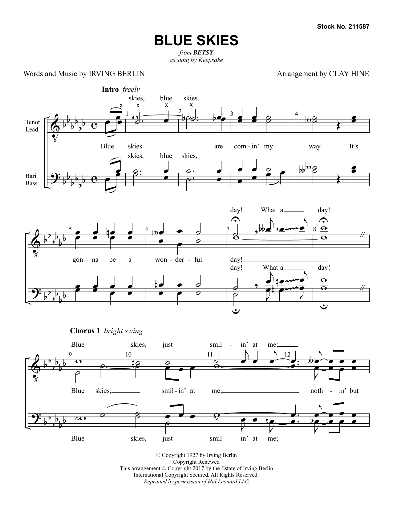 Download Keepsake Blue Skies (from Betsy) (arr. Clay Hine) Sheet Music and learn how to play TTBB Choir PDF digital score in minutes
