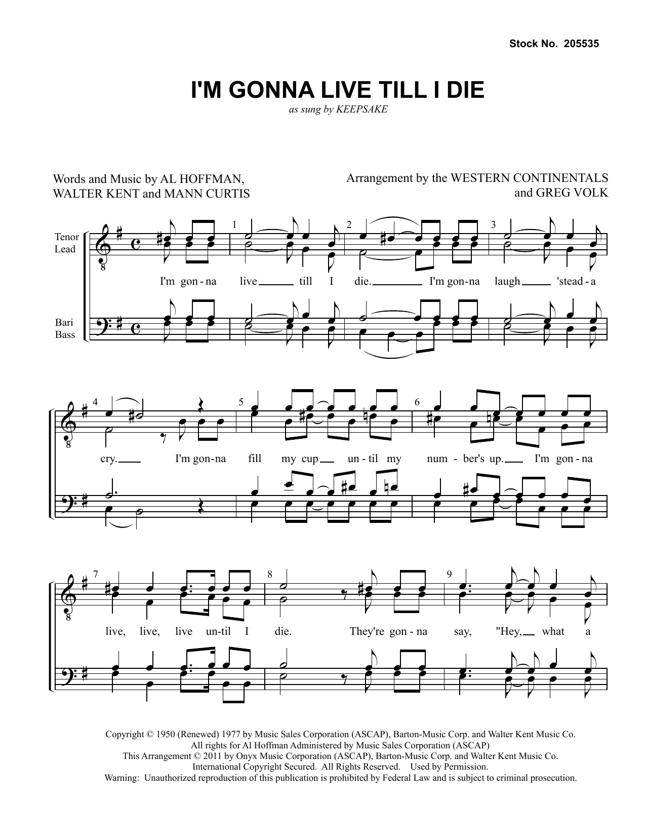 Download Keepsake I'm Gonna Live Till I Die (arr. Greg Volk) Sheet Music and learn how to play TTBB Choir PDF digital score in minutes