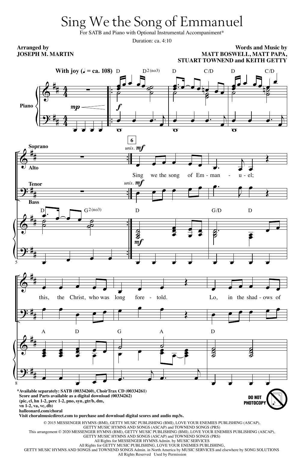 Download Keith & Kristyn Getty, Matt Boswell and Matt Papa Sing We The Song Of Emmanuel (arr. Joseph M. Martin) Sheet Music and learn how to play SATB Choir PDF digital score in minutes
