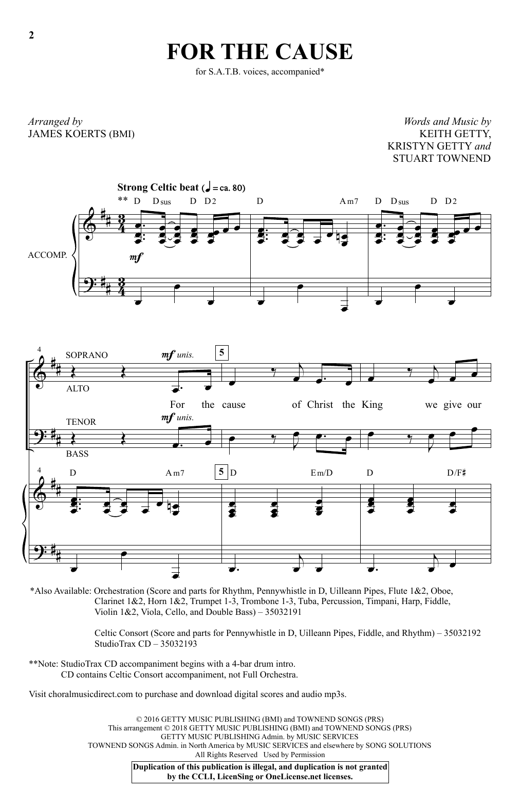 Download Keith and Kristyn Getty For the Cause (arr. James Koerts) Sheet Music and learn how to play SATB Choir PDF digital score in minutes