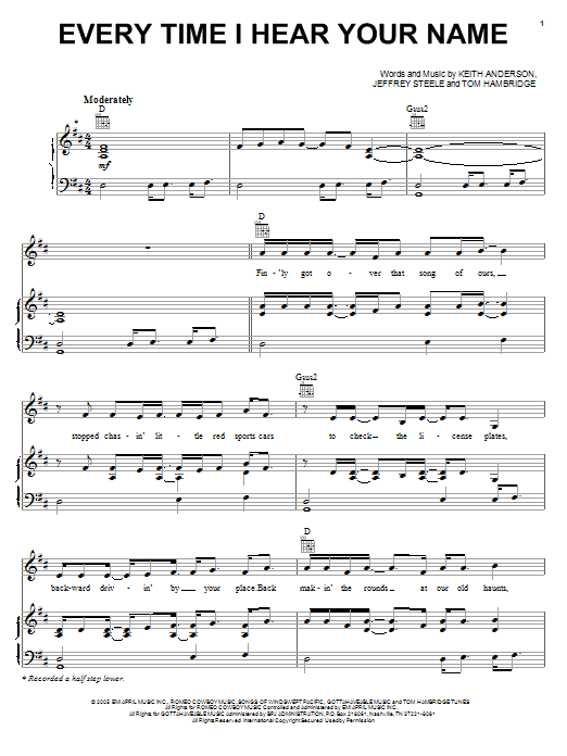 Download Keith Anderson Every Time I Hear Your Name Sheet Music and learn how to play Easy Piano PDF digital score in minutes