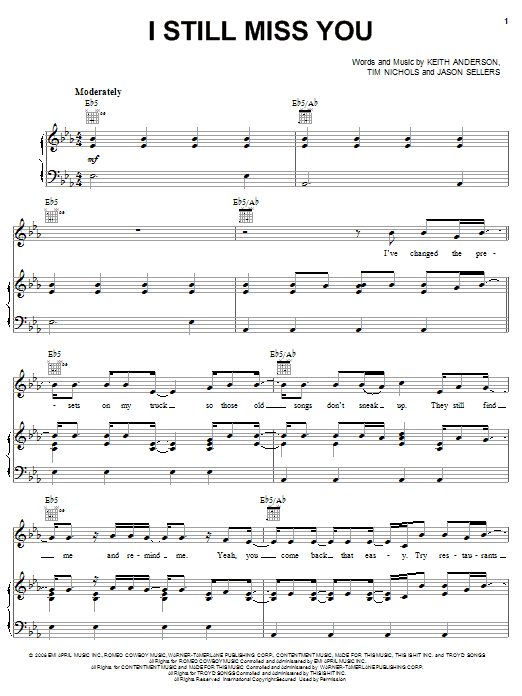 Download Keith Anderson I Still Miss You Sheet Music and learn how to play Piano, Vocal & Guitar (Right-Hand Melody) PDF digital score in minutes