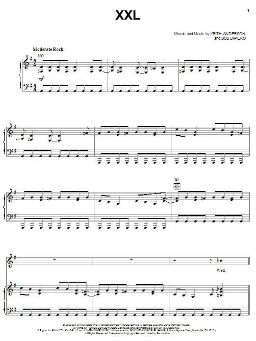 Download Keith Anderson XXL (Double X-L) Sheet Music and learn how to play Piano, Vocal & Guitar (Right-Hand Melody) PDF digital score in minutes