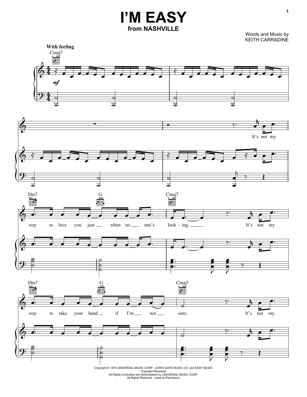 Download Keith Carradine I'm Easy Sheet Music and learn how to play Piano, Vocal & Guitar (Right-Hand Melody) PDF digital score in minutes