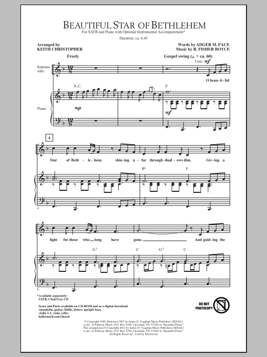 Download Keith Christopher Beautiful Star Of Bethlehem Sheet Music and learn how to play SATB PDF digital score in minutes