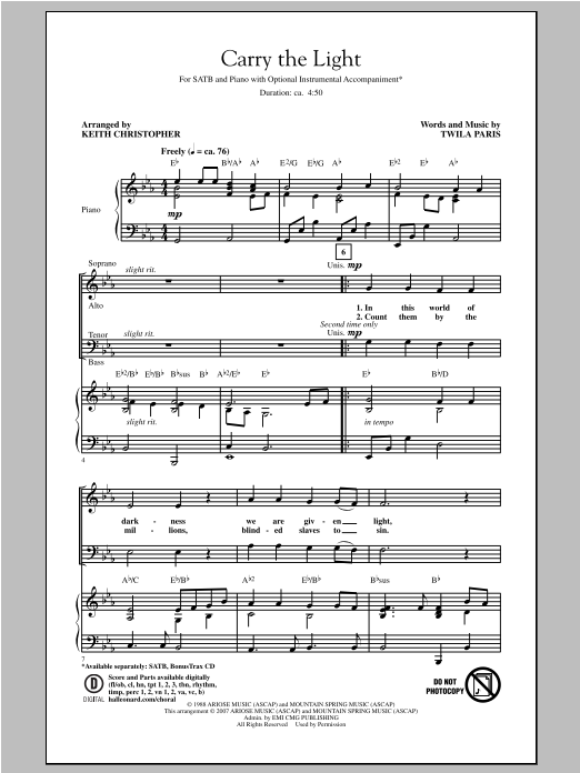 Download Keith Christopher Carry The Light Sheet Music and learn how to play SATB PDF digital score in minutes