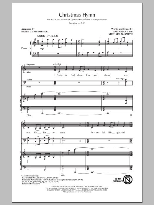 Download Amy Grant Christmas Hymn (arr. Keith Christopher) Sheet Music and learn how to play SATB PDF digital score in minutes