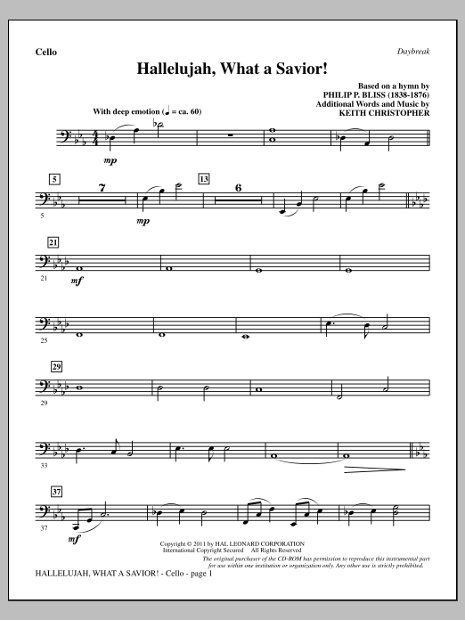 Download Keith Christopher Hallelujah, What A Savior! - Cello Sheet Music and learn how to play Choir Instrumental Pak PDF digital score in minutes