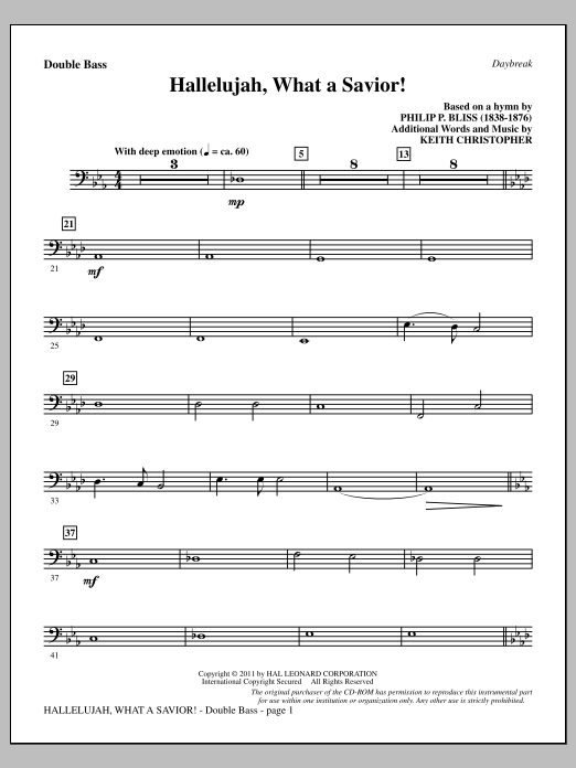 Download Keith Christopher Hallelujah, What A Savior! - Double Bass Sheet Music and learn how to play Choir Instrumental Pak PDF digital score in minutes