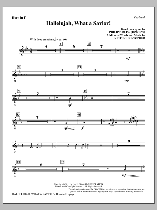 Download Keith Christopher Hallelujah, What A Savior! - F Horn Sheet Music and learn how to play Choir Instrumental Pak PDF digital score in minutes