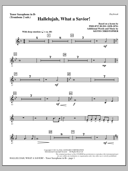 Download Keith Christopher Hallelujah, What A Savior! - Tenor Sax (sub. Tbn 2) Sheet Music and learn how to play Choir Instrumental Pak PDF digital score in minutes