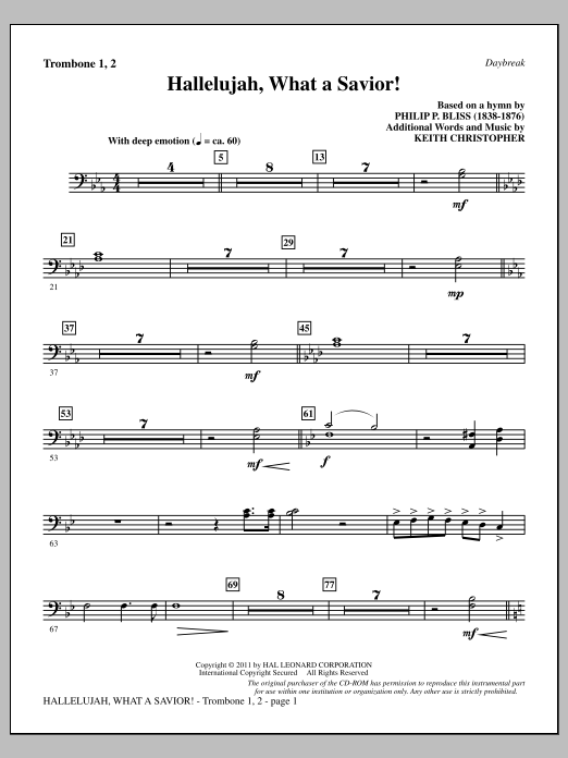 Download Keith Christopher Hallelujah, What A Savior! - Trombone 1 & 2 Sheet Music and learn how to play Choir Instrumental Pak PDF digital score in minutes