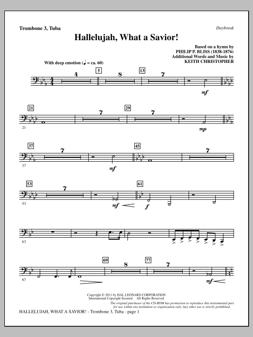 Download Keith Christopher Hallelujah, What A Savior! - Trombone 3/Tuba Sheet Music and learn how to play Choir Instrumental Pak PDF digital score in minutes