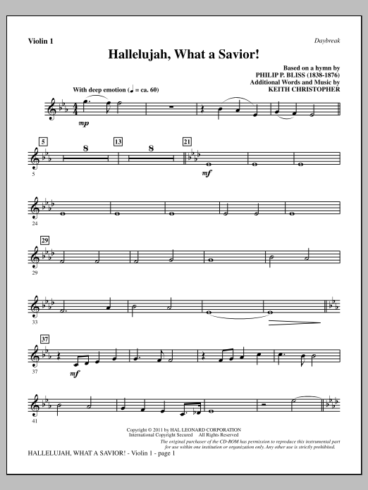 Download Keith Christopher Hallelujah, What A Savior! - Violin 1 Sheet Music and learn how to play Choir Instrumental Pak PDF digital score in minutes