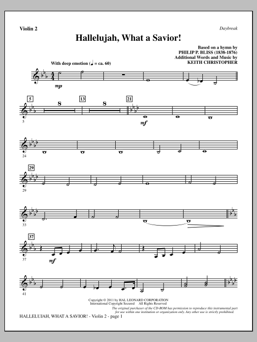 Download Keith Christopher Hallelujah, What A Savior! - Violin 2 Sheet Music and learn how to play Choir Instrumental Pak PDF digital score in minutes