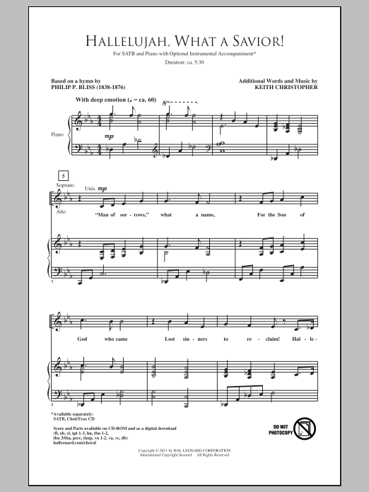 Download Keith Christopher Hallelujah! What A Savior! Sheet Music and learn how to play SATB PDF digital score in minutes