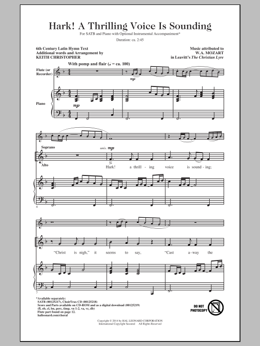 Download Keith Christopher Hark! A Thrilling Voice Is Sounding Sheet Music and learn how to play SATB PDF digital score in minutes