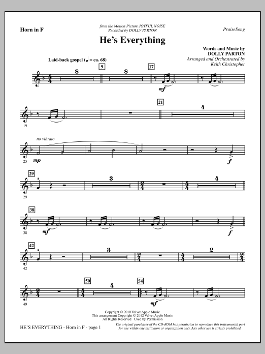 Download Keith Christopher He's Everything - F Horn Sheet Music and learn how to play Choir Instrumental Pak PDF digital score in minutes