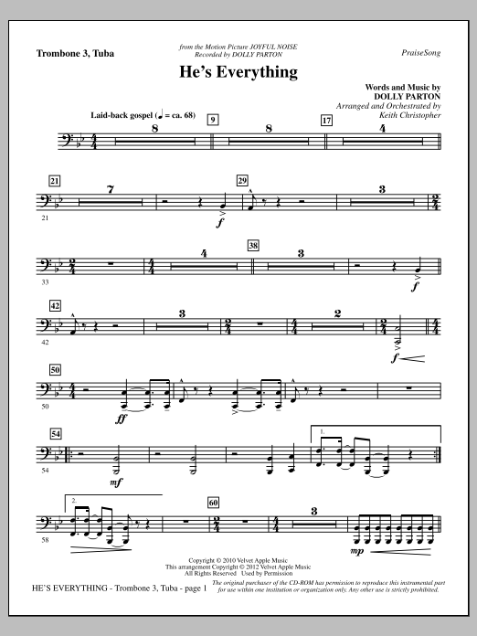 Download Keith Christopher He's Everything - Trombone 3/Tuba Sheet Music and learn how to play Choir Instrumental Pak PDF digital score in minutes