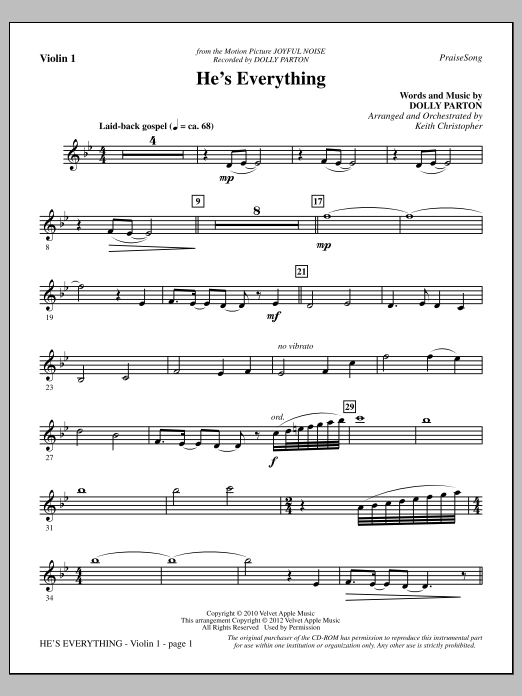 Download Keith Christopher He's Everything - Violin 1 Sheet Music and learn how to play Choir Instrumental Pak PDF digital score in minutes