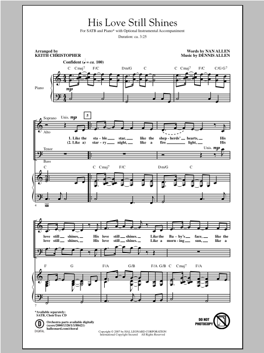 Download Dennis Allen His Love Still Shines (arr. Keith Christopher) Sheet Music and learn how to play SATB PDF digital score in minutes