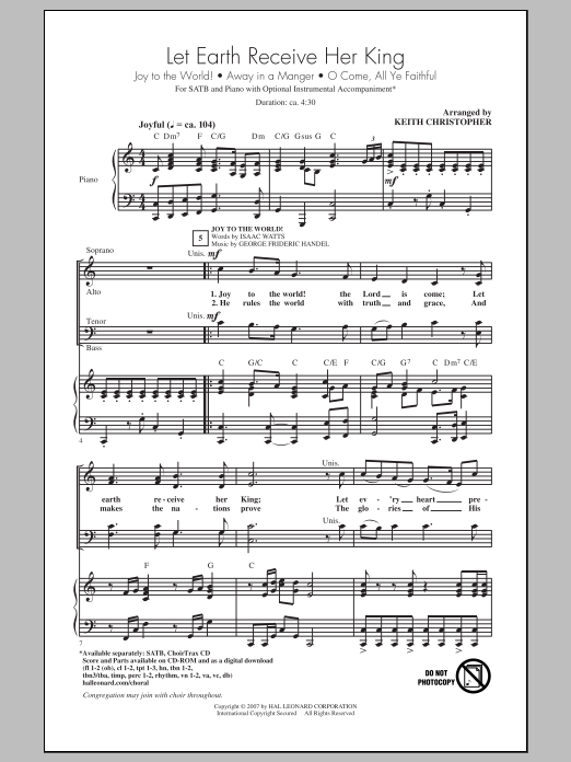 Download Keith Christopher Let Earth Receive Her King Sheet Music and learn how to play SATB PDF digital score in minutes